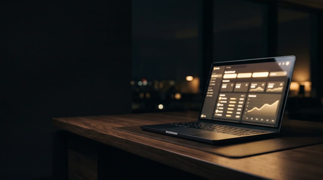 A laptop on a desk at night showing a business dashboard