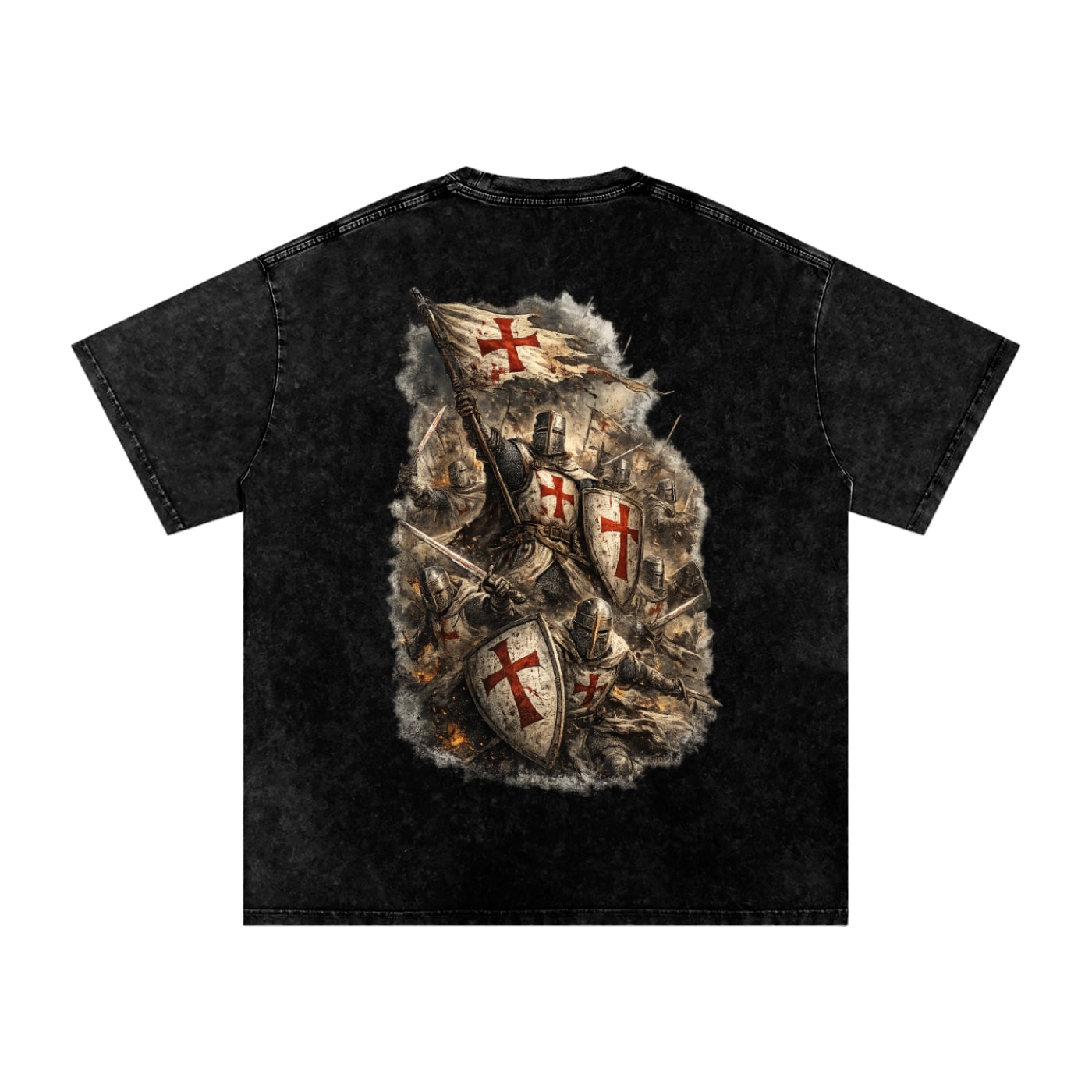 Back of the snow-washed black Crusader t-shirt, with a full-back print of Templar knights in battle carrying red-cross shields and a banner