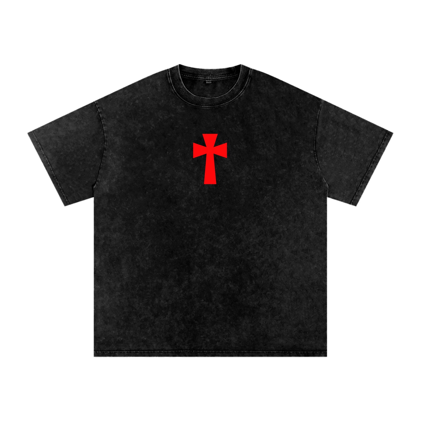 Front of the snow-washed black Crusader t-shirt, with a red cross centered on the chest