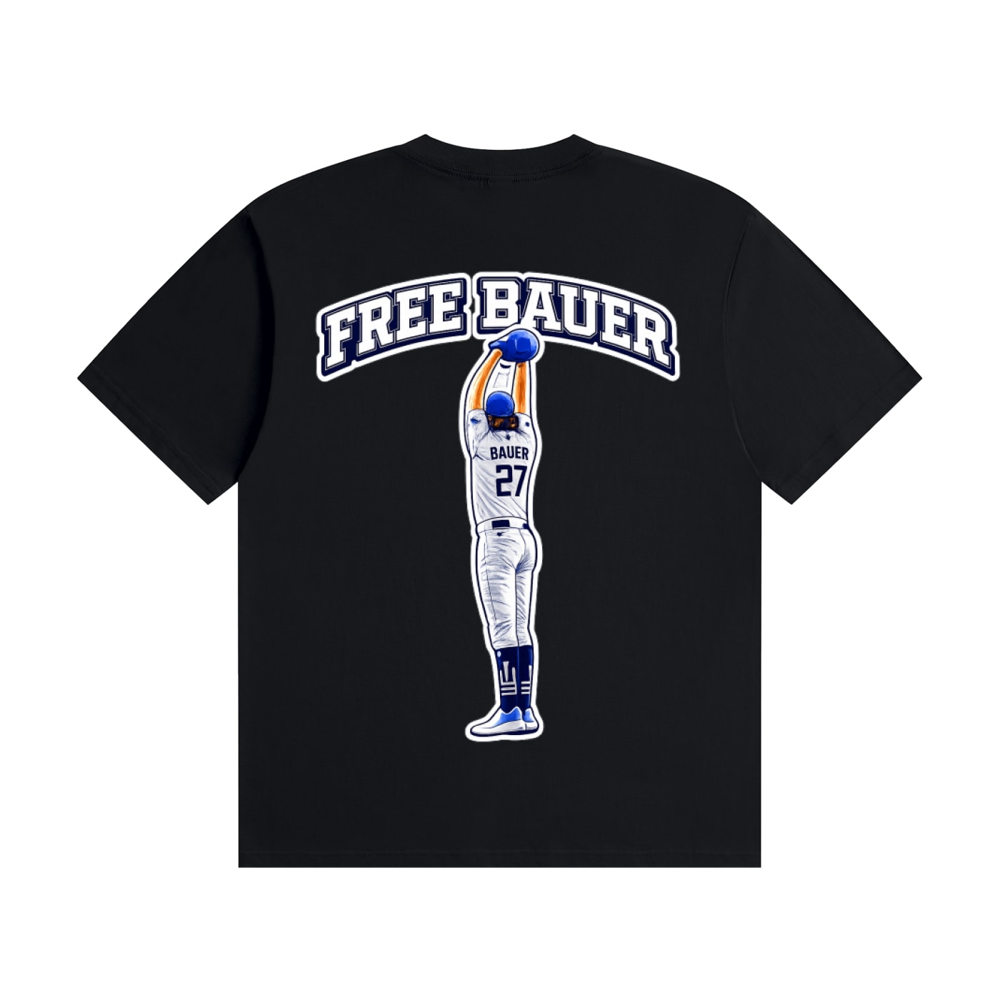 Back of the black Free Trevor Bauer t-shirt, with “FREE BAUER” arched in white across the upper back above a full-length illustration of a player in a white and royal uniform holding a bat overhead, number 27 on the jersey