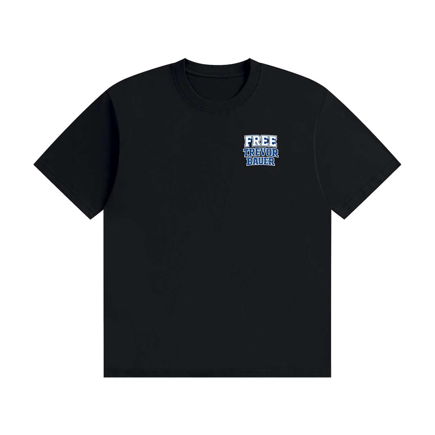 Front of the black Free Trevor Bauer t-shirt, with “FREE TREVOR BAUER” stacked on the left chest in white and royal blue collegiate block letters