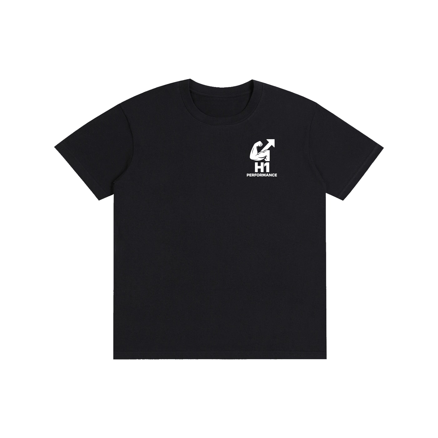 Front of the black H1 “Achieve Your Dreams” t-shirt, with a white H1 Performance logo on the left chest