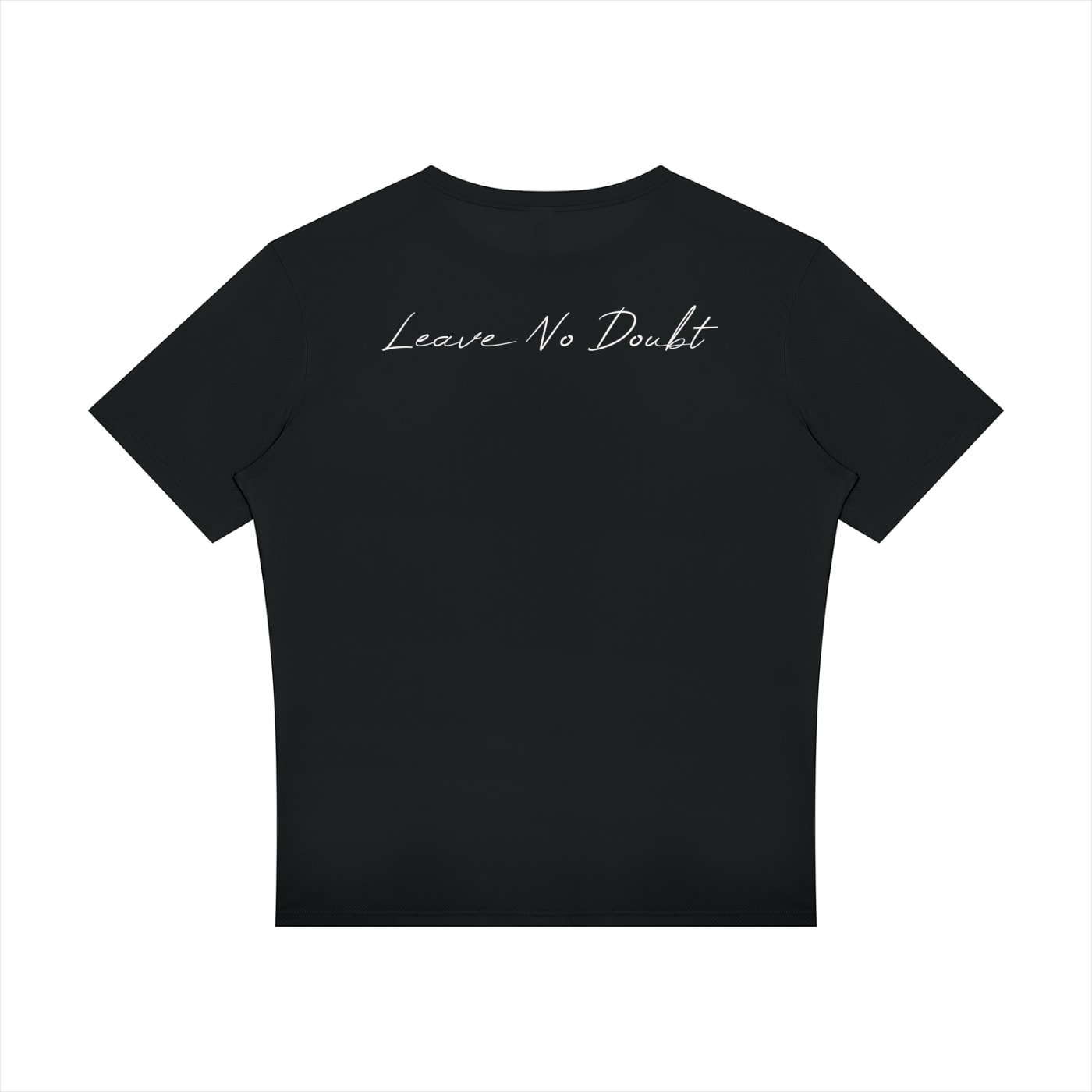 Back of the black H1 “Leave No Doubt” athletic shirt, with “Leave No Doubt” across the upper back in white script