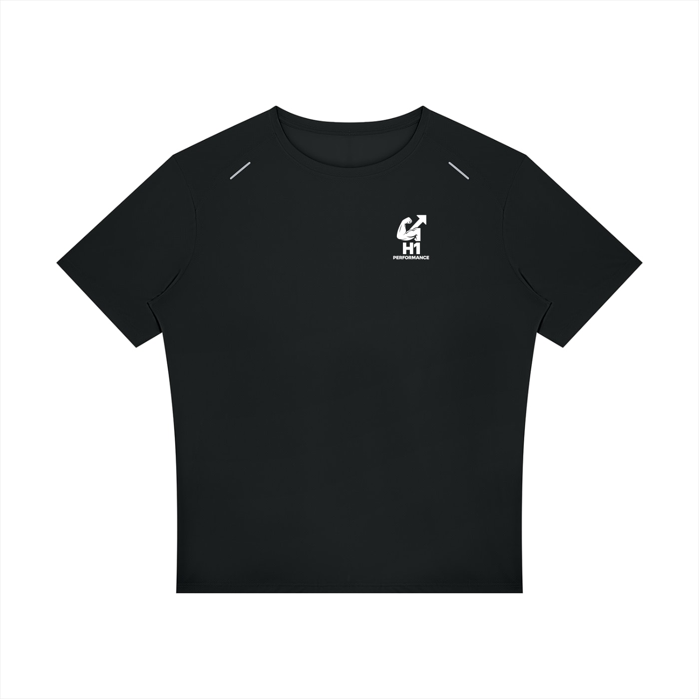 Front of the black H1 “Leave No Doubt” athletic shirt, with a white H1 Performance logo on the left chest