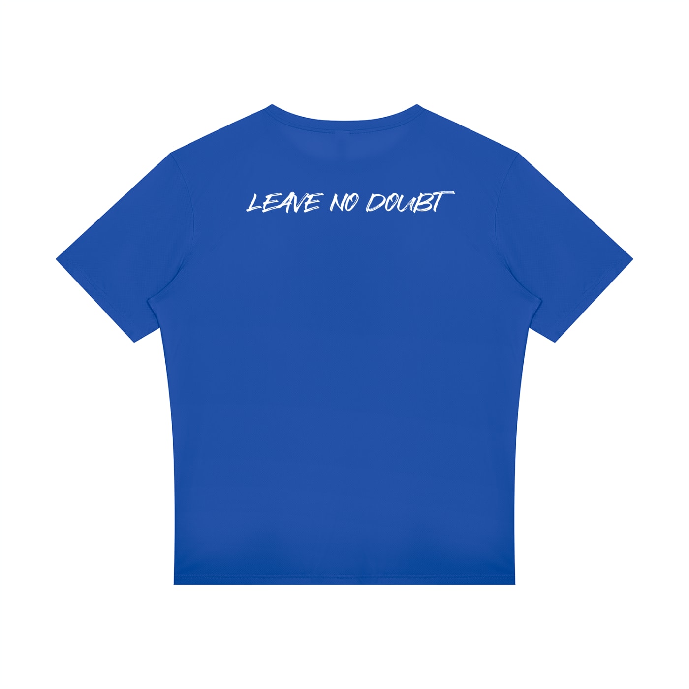 Back of the royal blue H1 “Leave No Doubt” athletic shirt, with “LEAVE NO DOUBT” across the upper back in white brush lettering