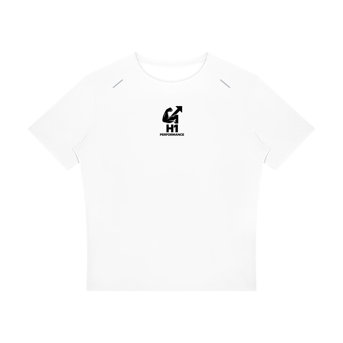 Front of the white H1 “Achieve Your Dream” athletic shirt, with a black H1 Performance logo centered on the chest