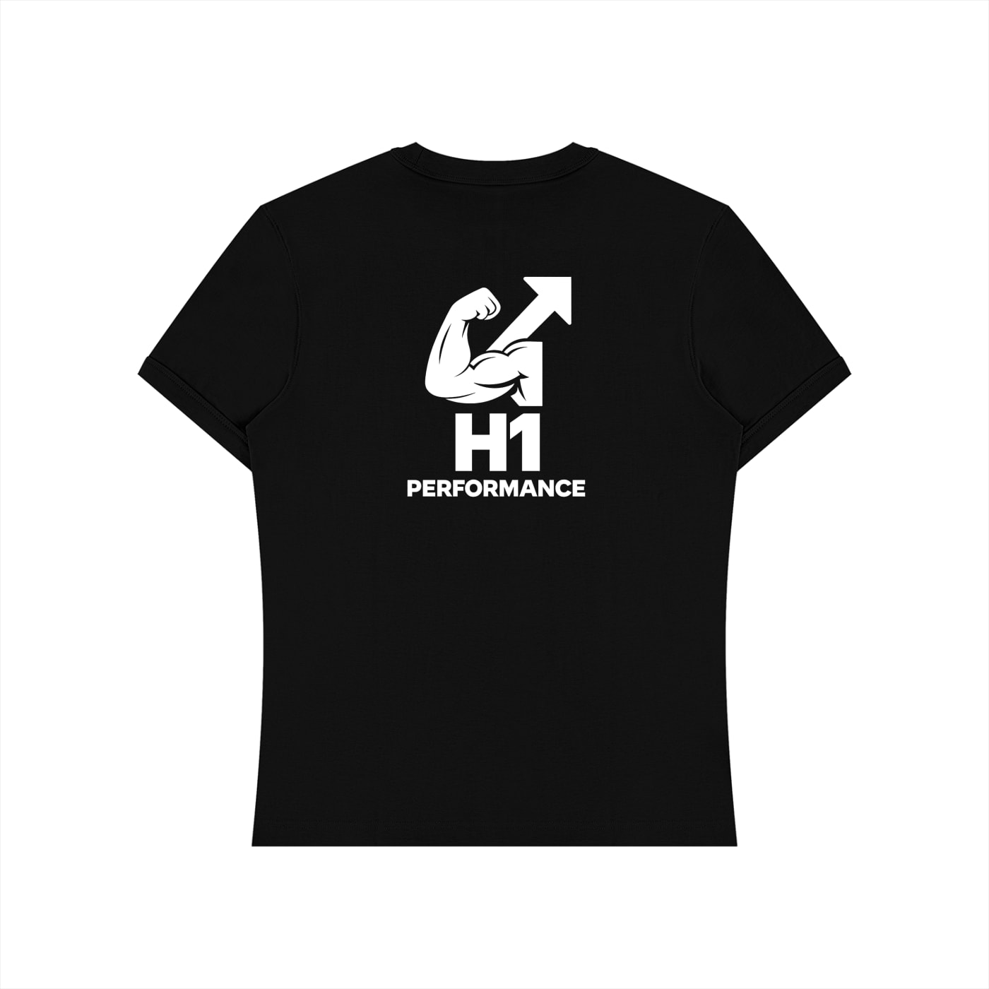 Back of the black H1 Back Logo Only t-shirt, with the white H1 Performance logo — a flexed arm and rising arrow above “H1 PERFORMANCE” — centered high on the back