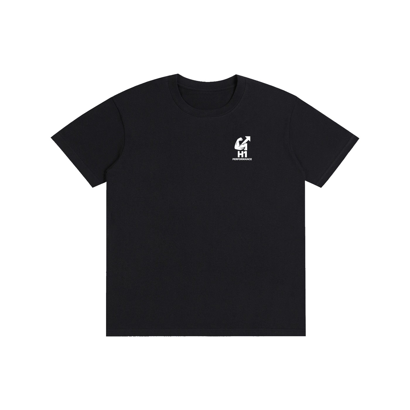 Front of the black H1 “Leave No Doubt” t-shirt, with a white H1 Performance logo on the left chest