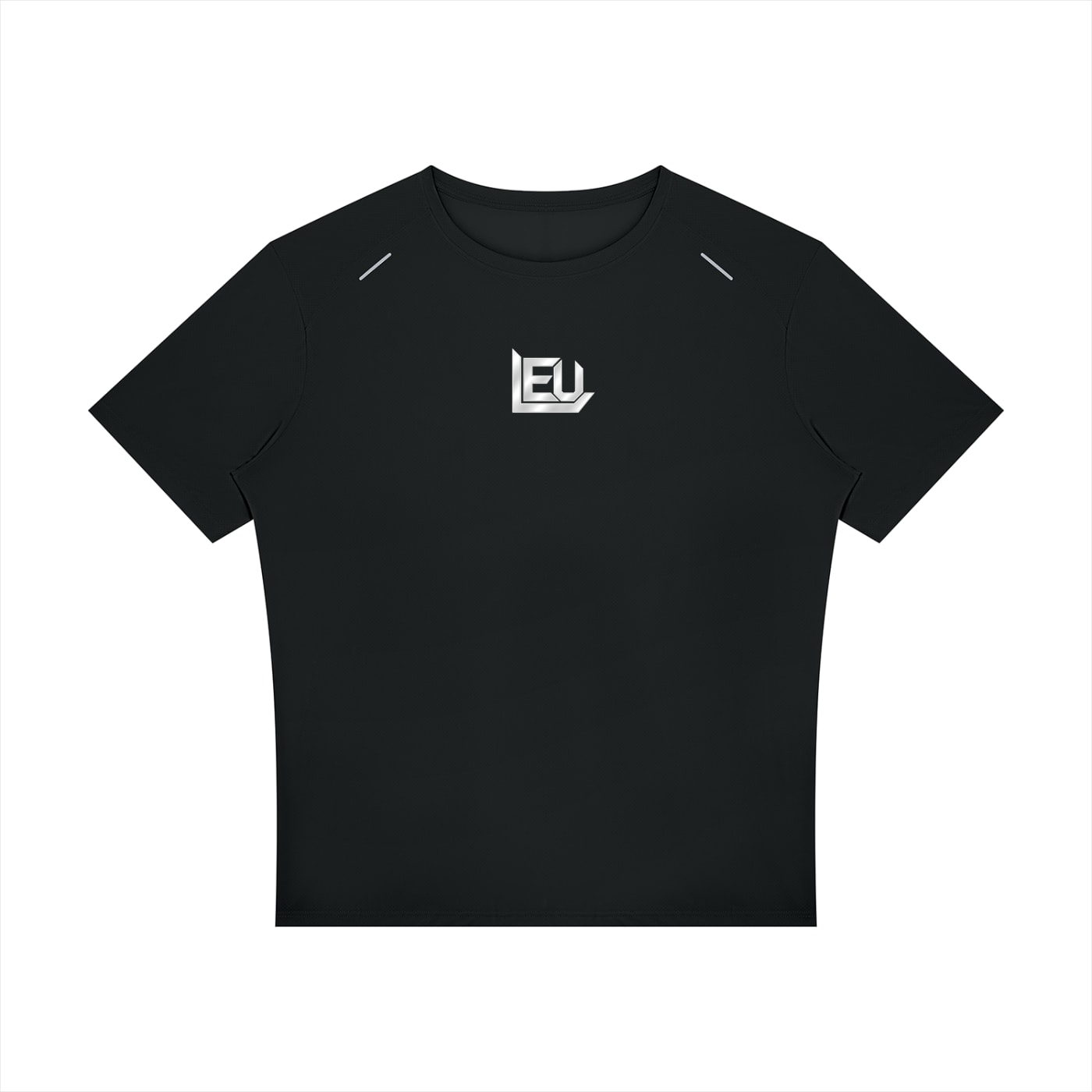 Front of the black LEU athletic shirt, with the angular Lee Enterprises Unlimited mark centered on the chest in a silver-to-white gradient