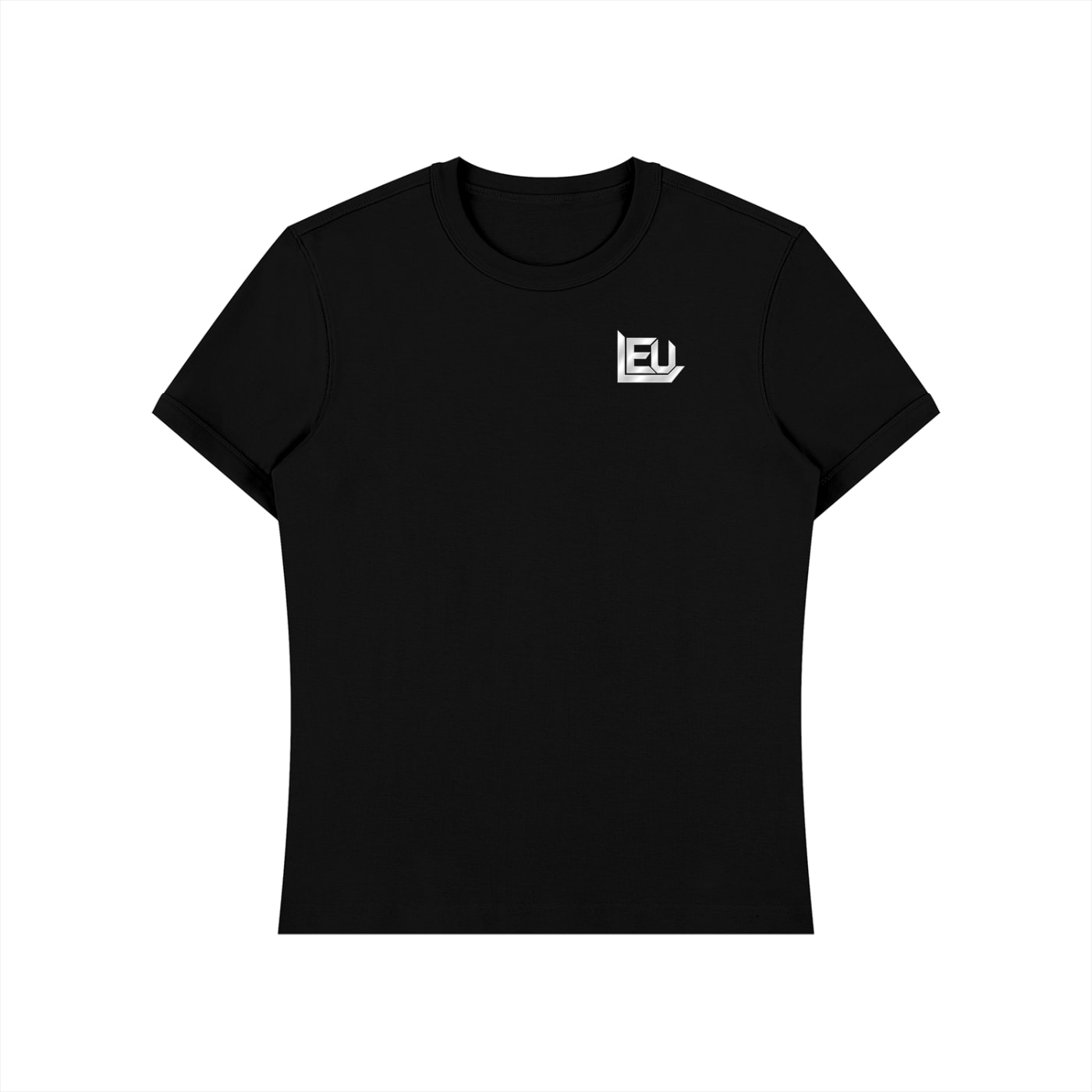 Front of the black LEU t-shirt, with the angular Lee Enterprises Unlimited mark on the left chest in a silver-to-white gradient